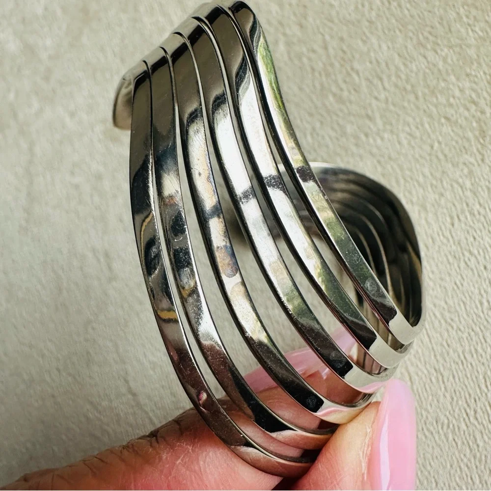 Silver Multi-Strand Open Cuff Bracelet | Wide Modern Statement Bangle - Picture 6 of 8